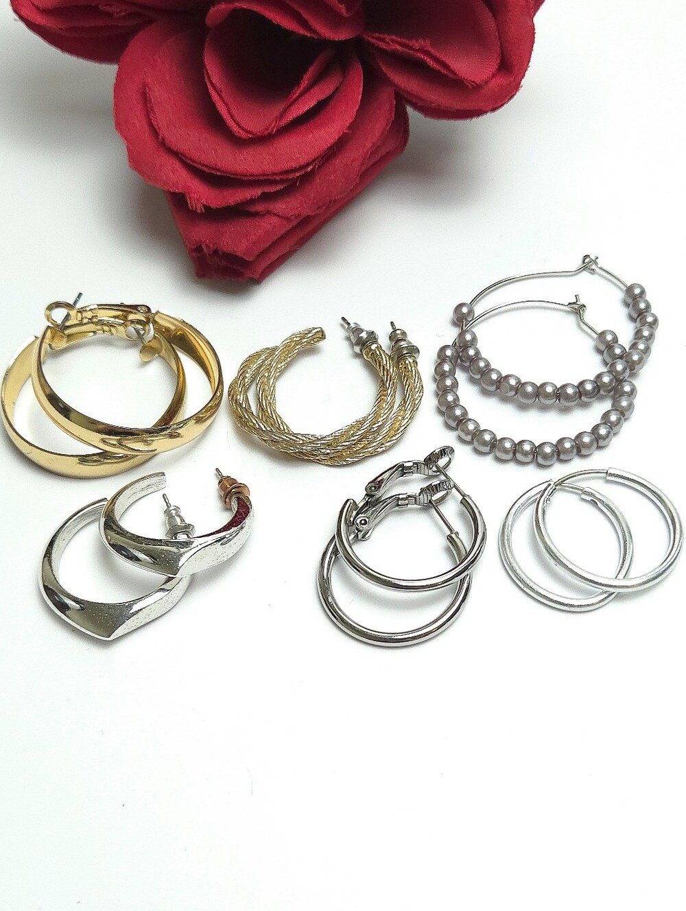 6 Pairs of Vintage to Now Silver & Gold Tone Hoop Earrings Beaded Hoop Earrings